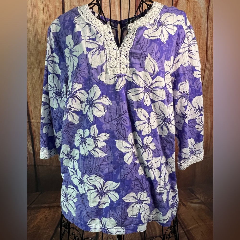 Rebecca Malone Purple White Floral Embroidered 3/4 Sleeve Top 100% Cotto…